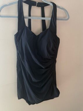 Lands End Swim Dress Black One Piece Modest Long Racer Back Ruched size 14 long